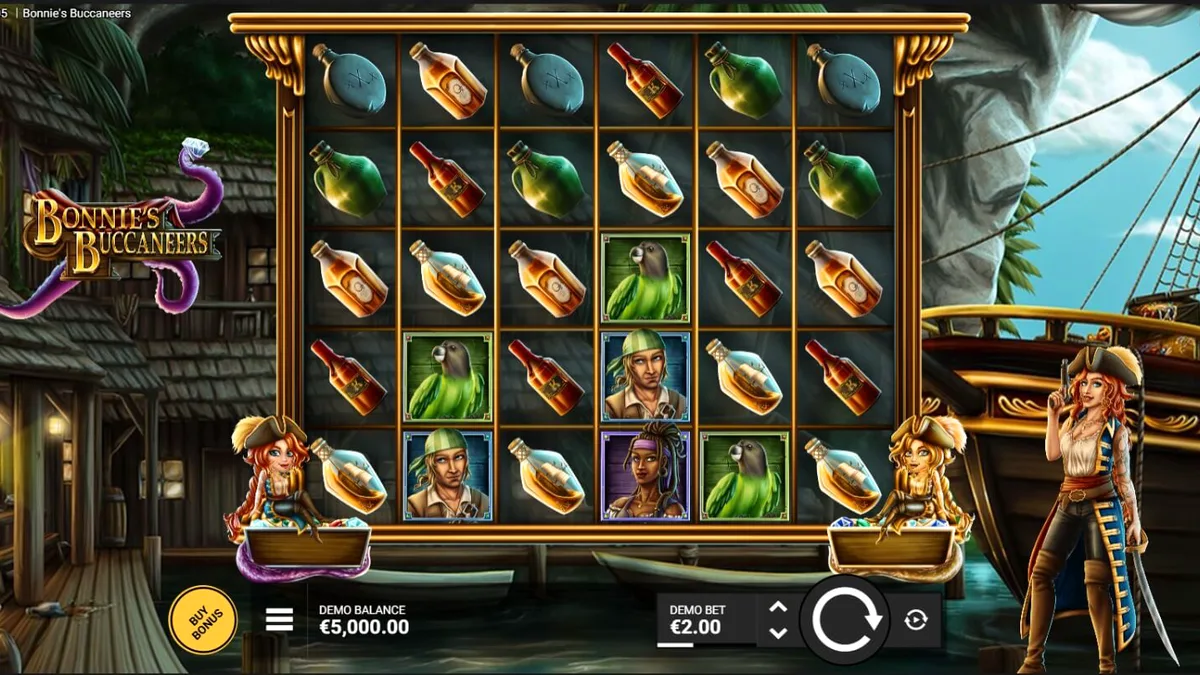 Tela do jogo Bonnie’s Buccaneers com temática de piratas e tesouros